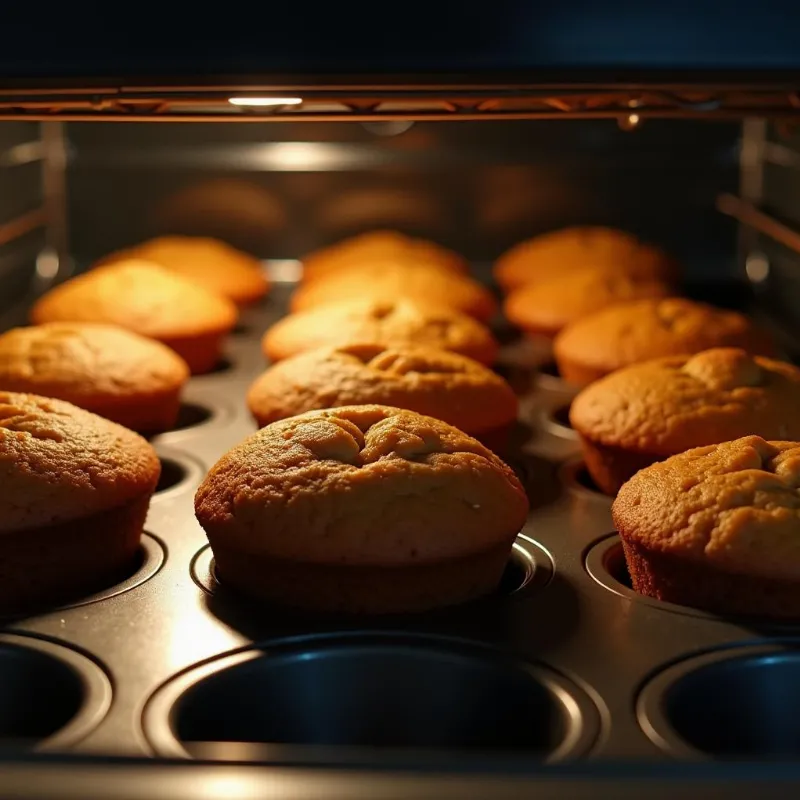 Vegan carrot cake cupcakes baking in a muffin tin in the oven