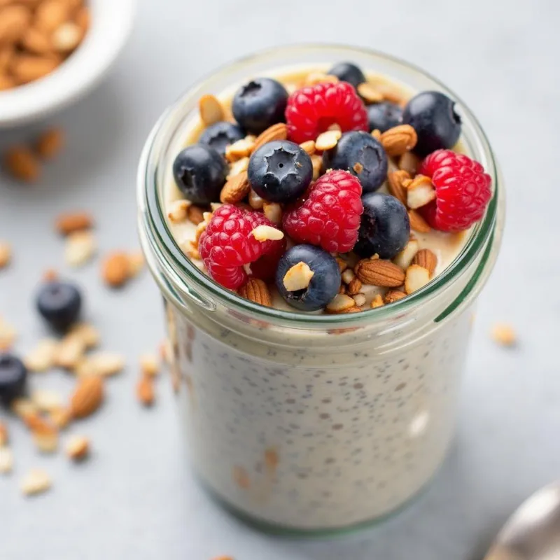 Vegan chia pudding served in a jar with various toppings