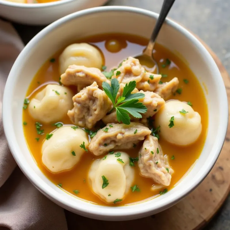 Bowl of vegan chicken and dumplings