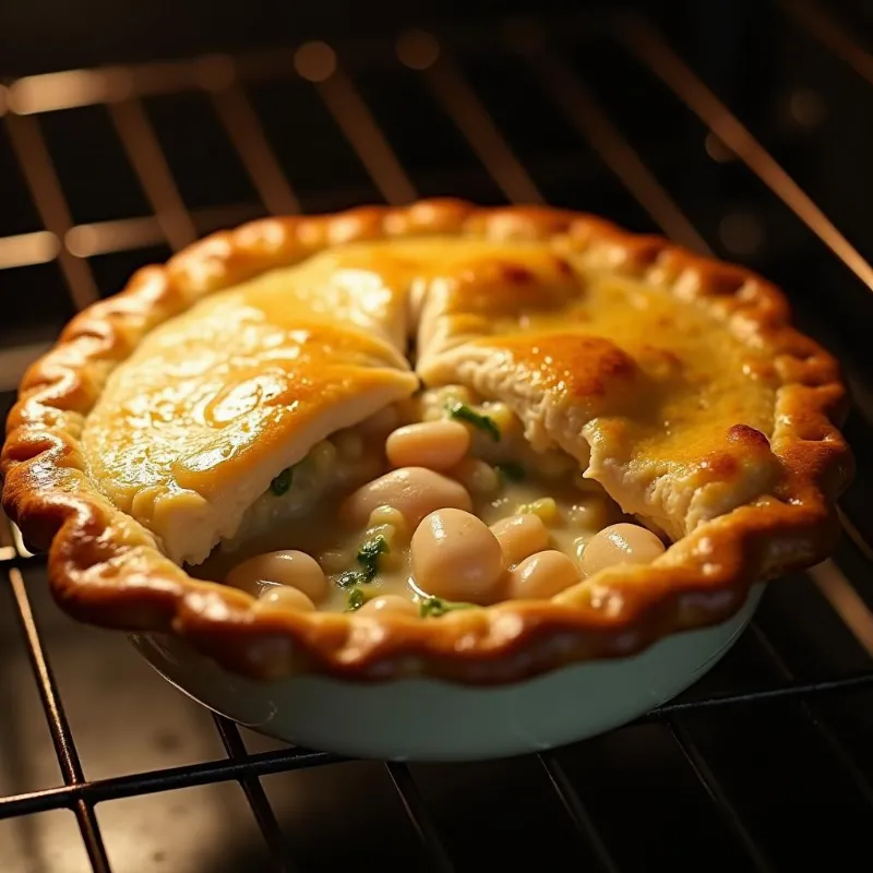 Vegan chicken pot pie baking in the oven.