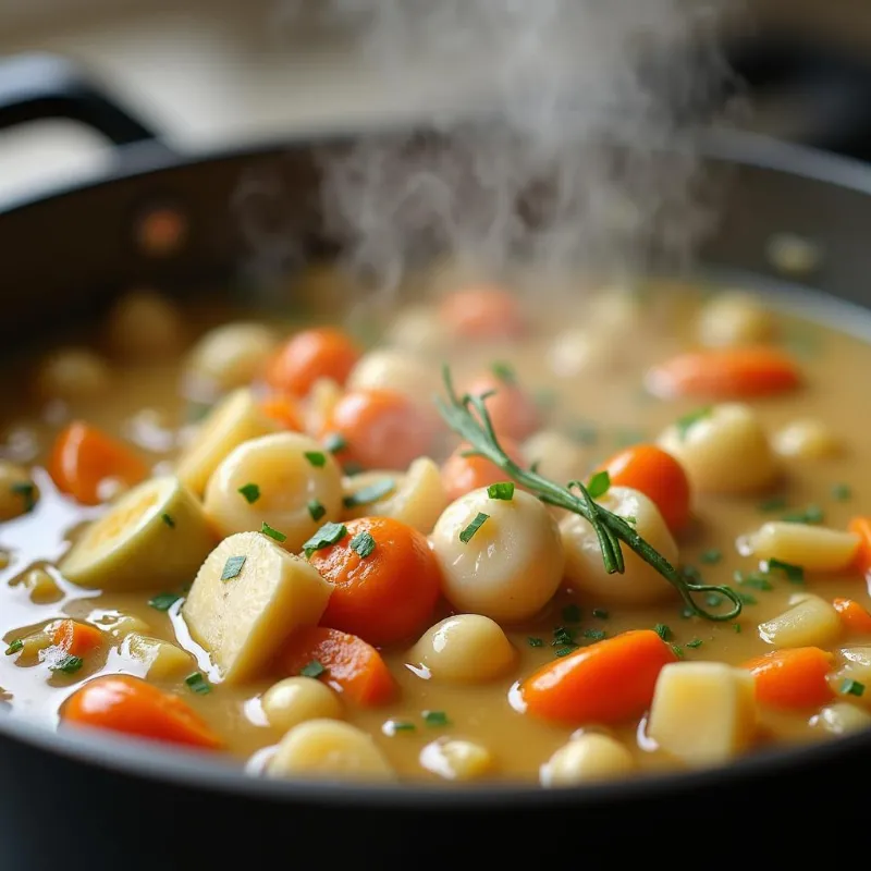 Vegan chicken pot pie filling simmering on a stovetop.