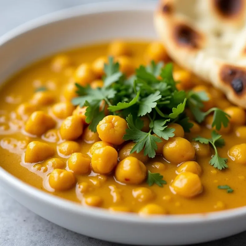 Vegan Chickpea Curry in a bowl, garnished with fresh cilantro, served with naan bread on the side.