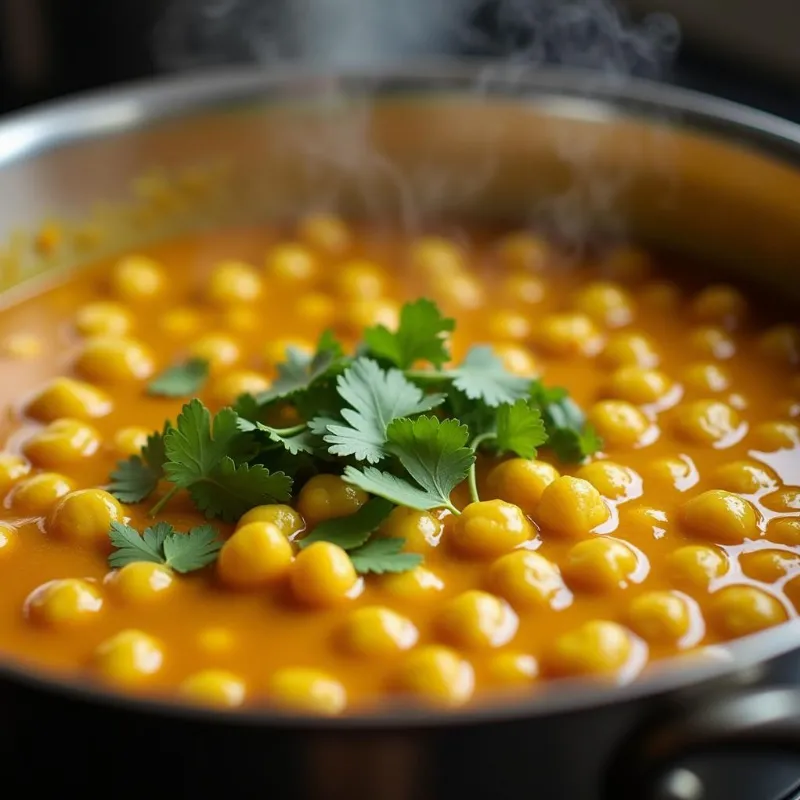 A pot of vegan chickpea curry simmering on the stovetop.