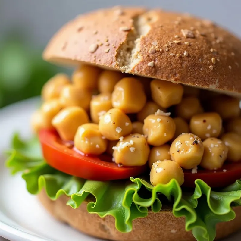 Vegan chickpea salad sandwich on whole wheat bread.