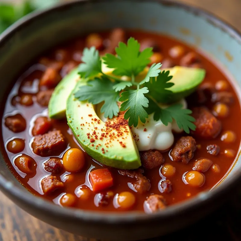 Bowl of vegan chili topped with cilantro and avocado.