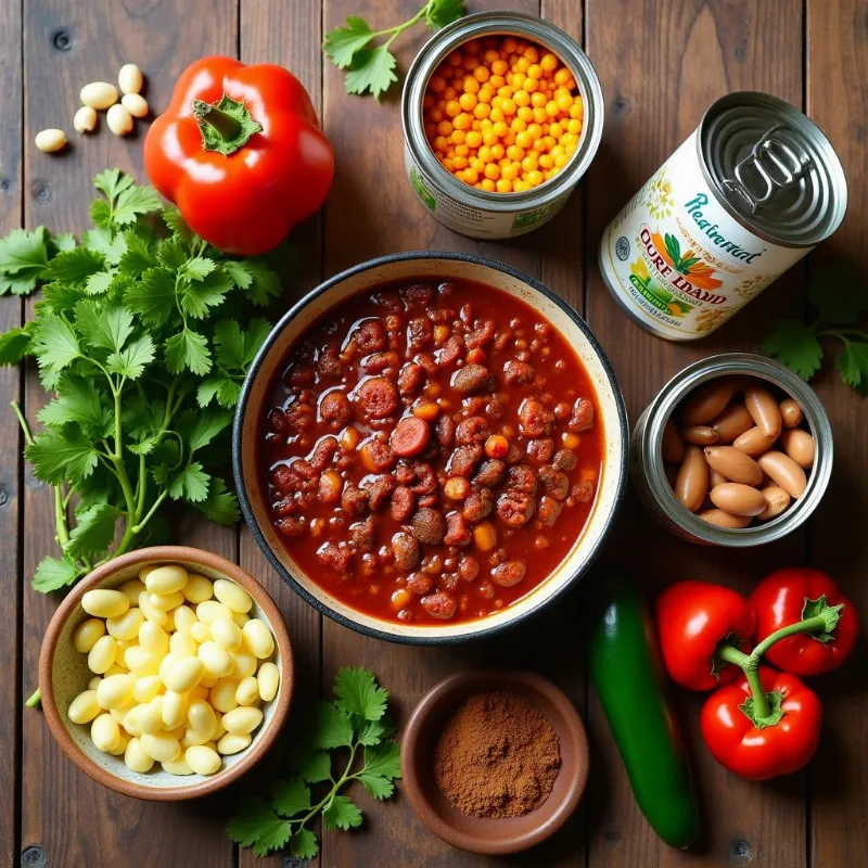 Colorful ingredients arranged for vegan chili