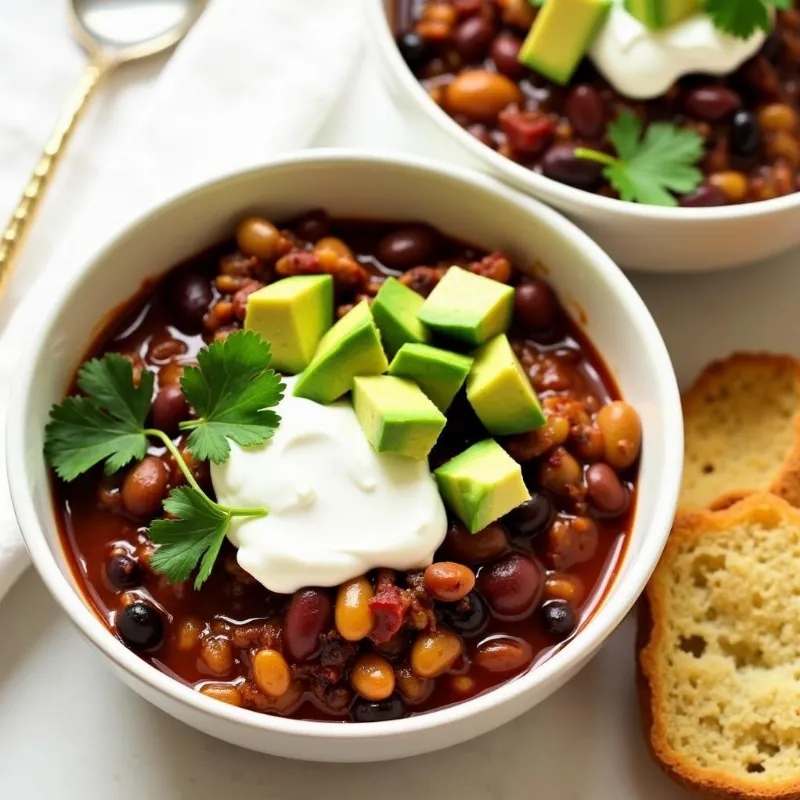 Bowls of vegan chili with various toppings