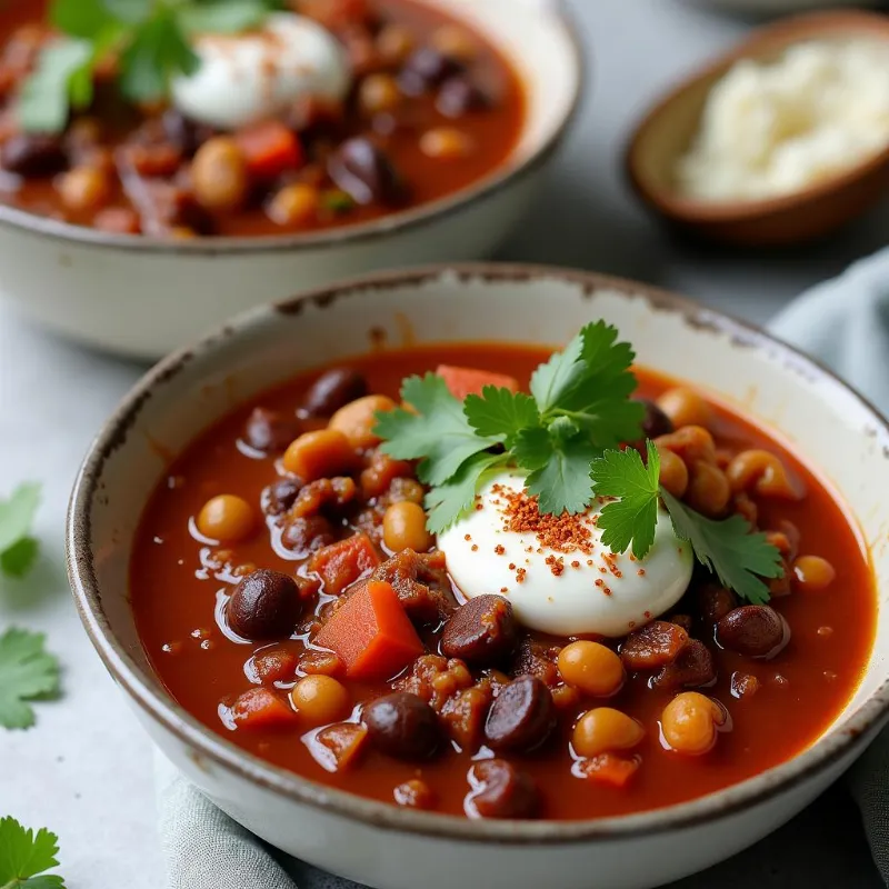 Two bowls of vegan chili with impossible meat, garnished with fresh toppings