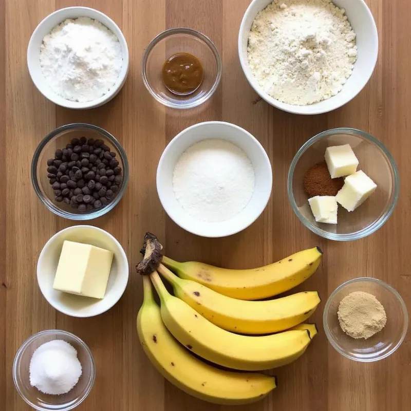 Vegan chocolate chip banana bread ingredients laid out on a table