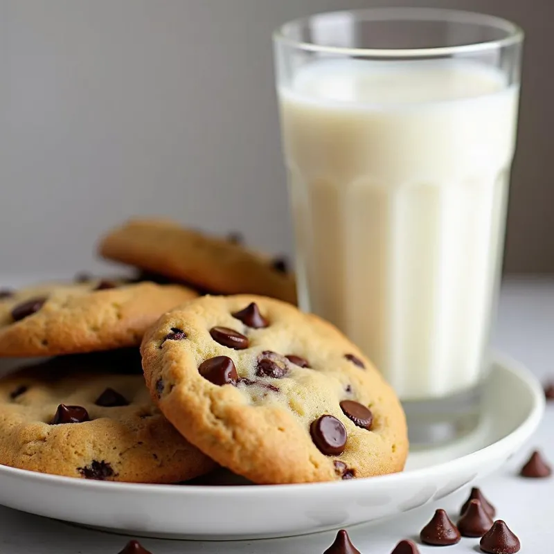 Freshly baked vegan chocolate chip cookies paired with a glass of vegan milk made from dried milk powder