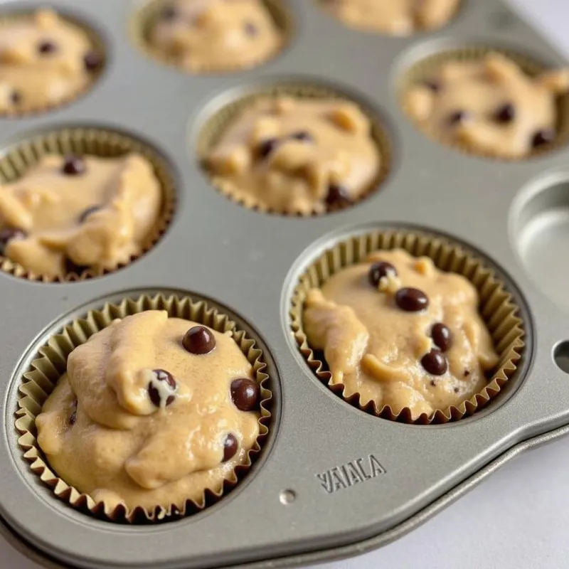 Muffin Tin Filled with Vegan Chocolate Chip Muffin Batter