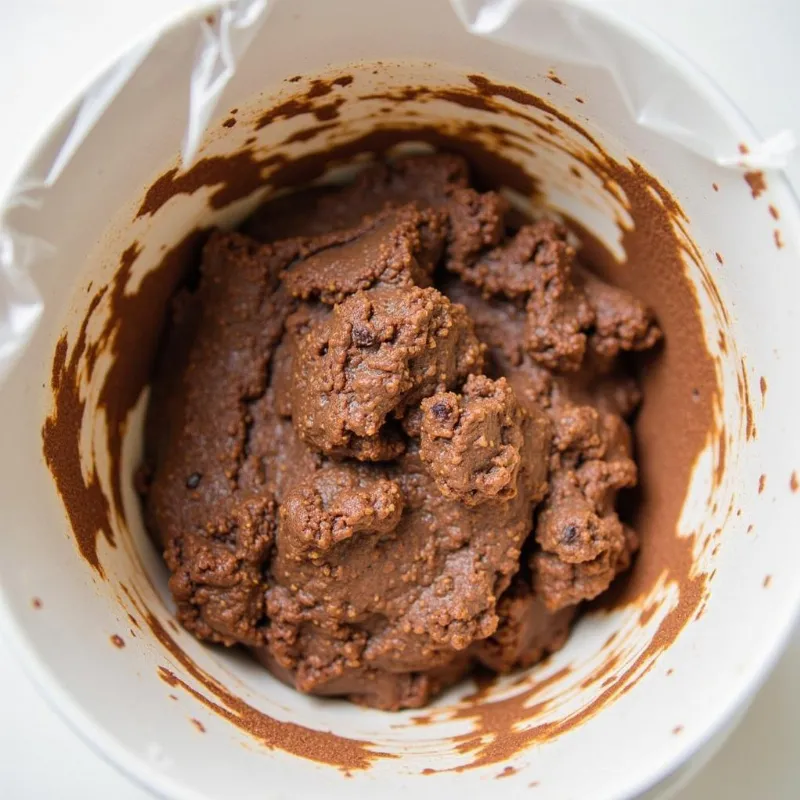 bowl of vegan chocolate crinkle cookie dough covered with plastic wrap chilling in the fridge