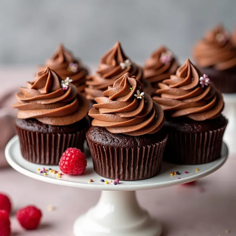 Delicious vegan chocolate cupcakes topped with vegan chocolate buttercream frosting.