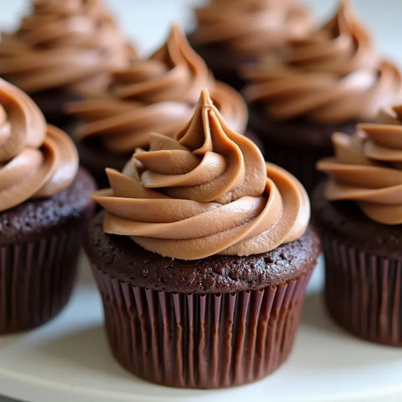 piped vegan chocolate frosting on cupcakes