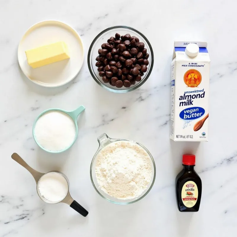 Vegan chocolate lava cake ingredients: a flat lay of dark chocolate chips, vegan butter, sugar, flour, almond milk, and vanilla extract.