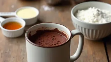 Vegan chocolate mug cake ingredients laid out on a table