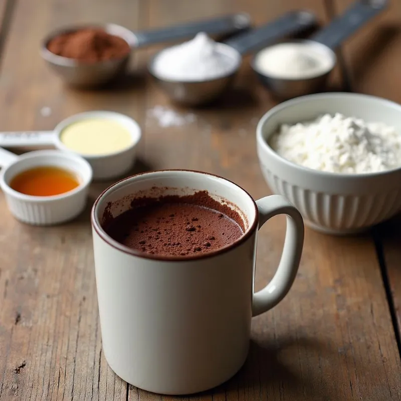 Vegan chocolate mug cake ingredients laid out on a table