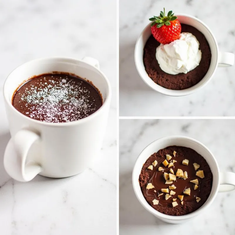 Three vegan chocolate mug cakes with various toppings