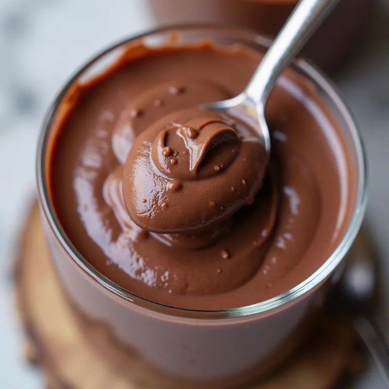 Vegan chocolate pudding in a glass with a spoon