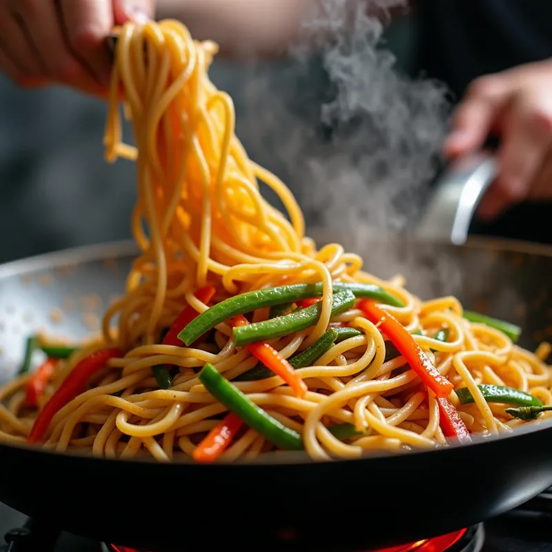 Cooking vegetables and noodles for vegan chow mein