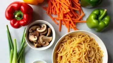 Colorful vegetables and noodles for vegan chow mein