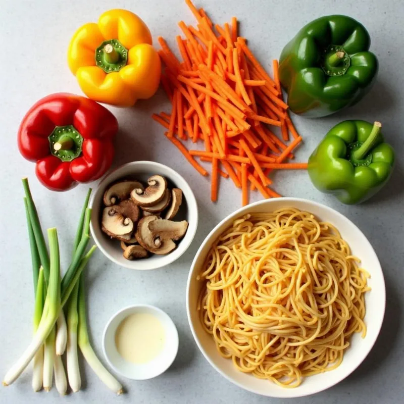 Colorful vegetables and noodles for vegan chow mein