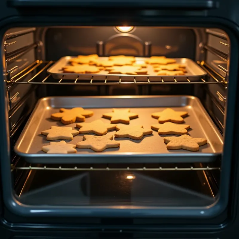 Vegan Christmas biscuits baking in the oven on the top rack.