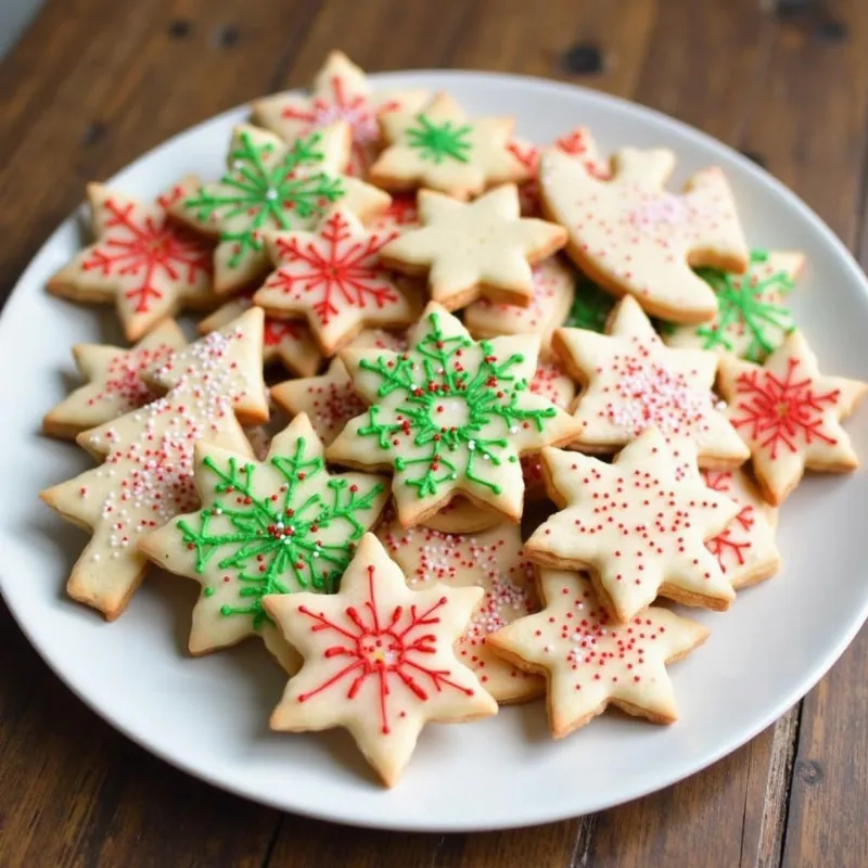 Decorated vegan Christmas biscuits on a plate.