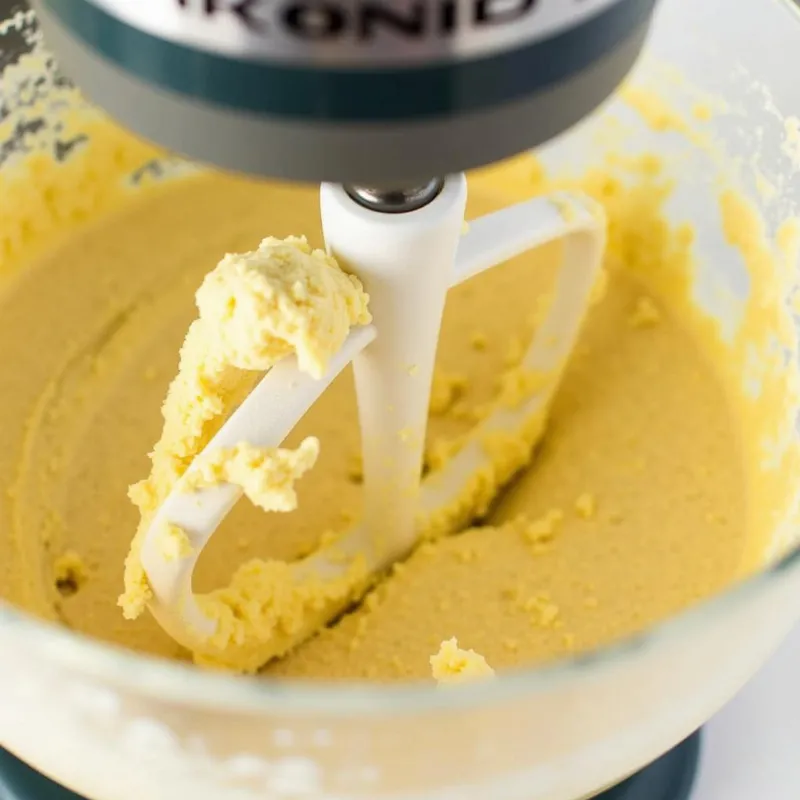 Vegan Christmas biscuit dough being mixed in a stand mixer