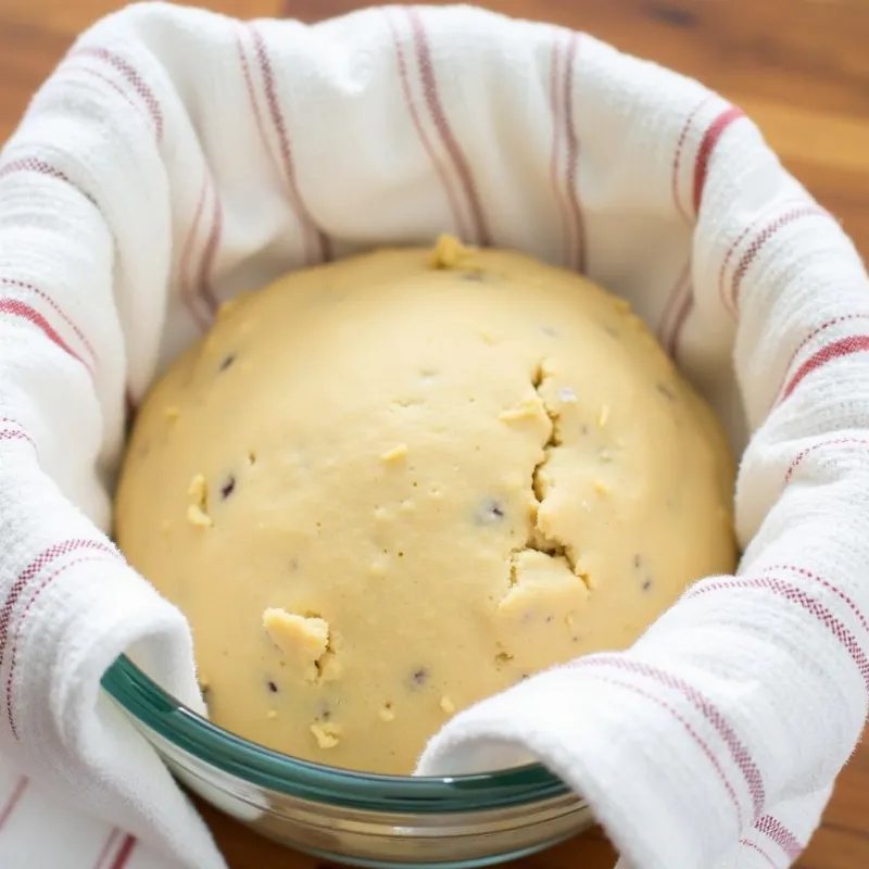 Vegan cinnamon bun dough rising in a glass bowl