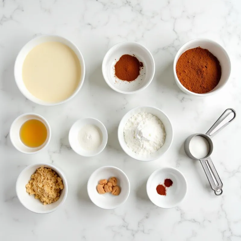 Vegan cinnamon bun ingredients arranged on a marble countertop