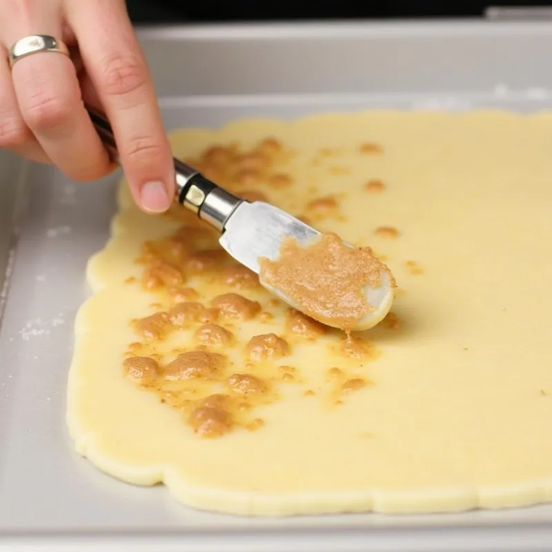 Spreading cinnamon filling on the dough.