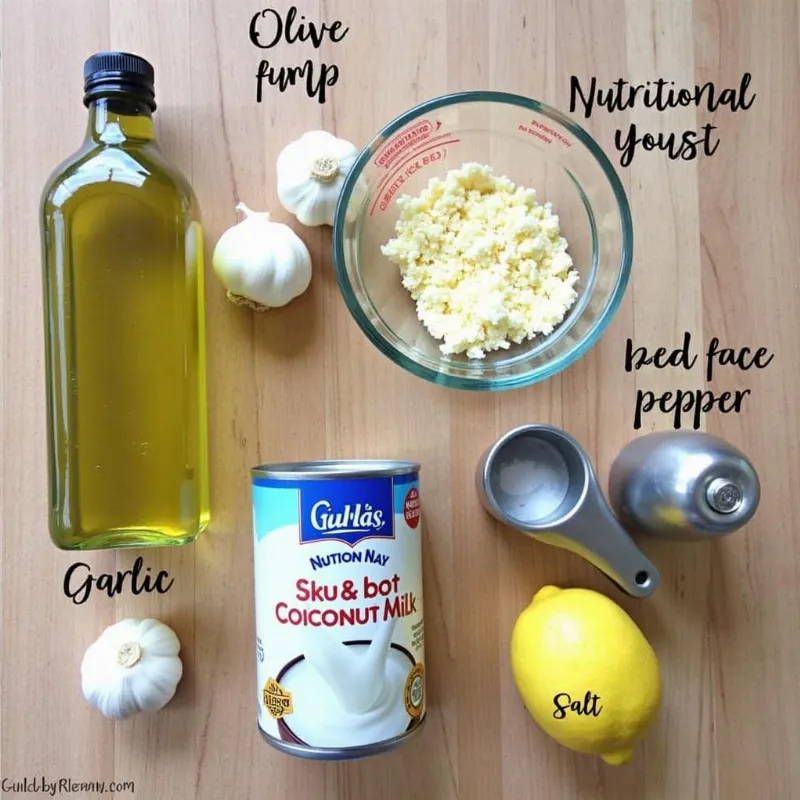 Vegan coconut milk alfredo sauce ingredients arranged on a table