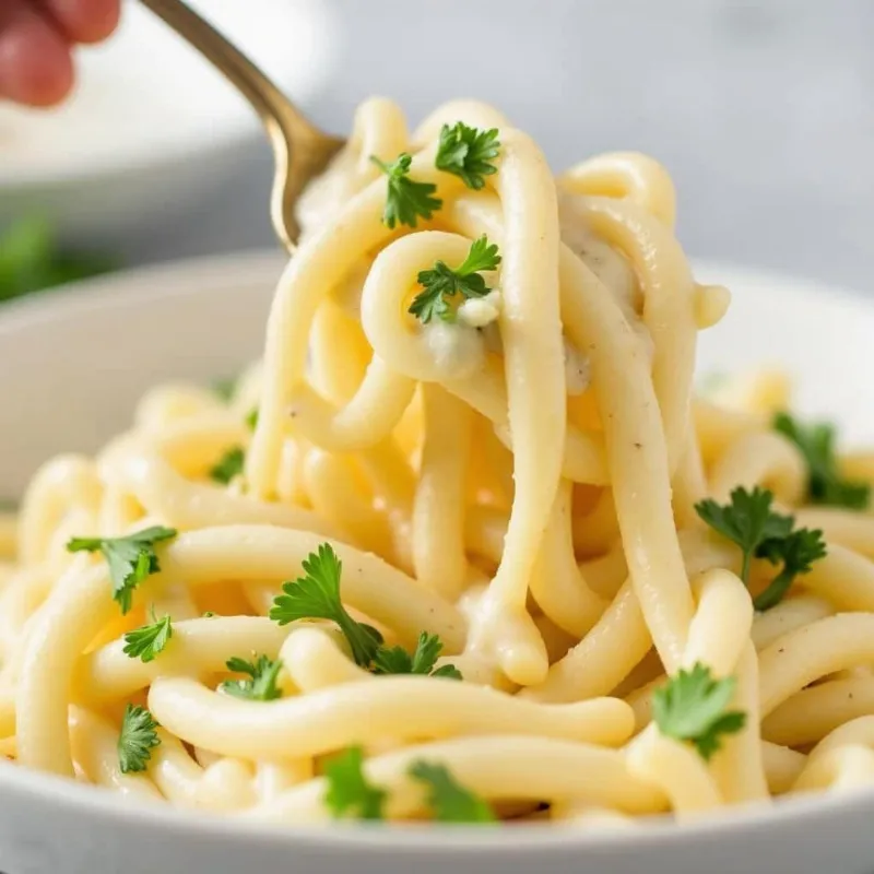 Vegan coconut milk alfredo sauce poured over pasta