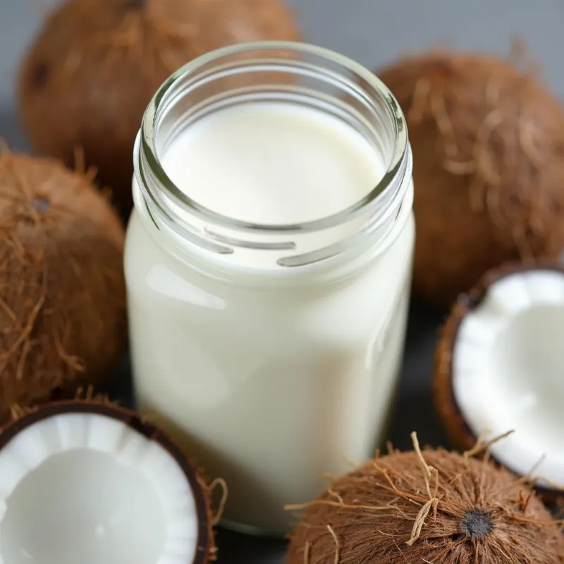 Vegan Coconut Milk in a Glass Jar with Coconuts