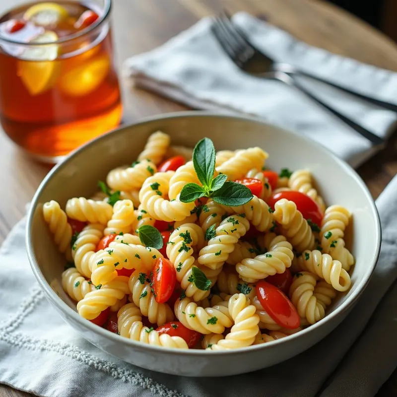  Vegan cold pasta salad served in a bowl alongside a refreshing drink.