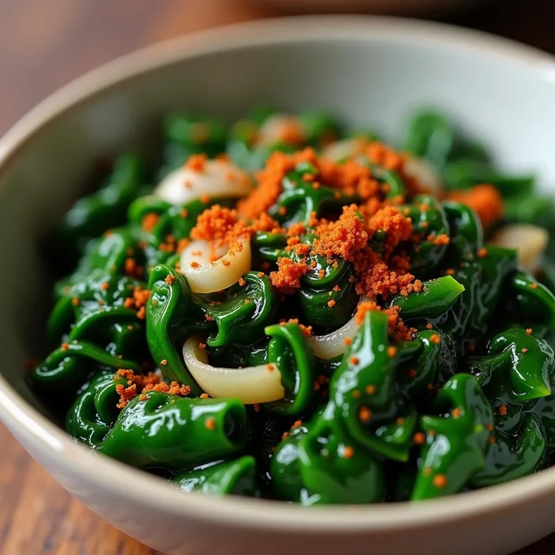 Steaming bowl of vegan collard greens with smoked paprika and onions.