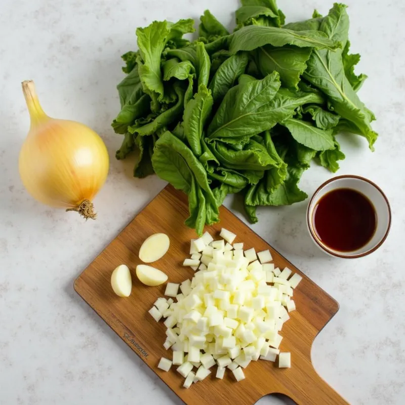 Fresh ingredients for vegan collard greens with liquid smoke.