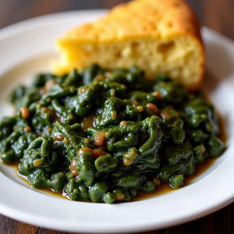  A delicious plate of vegan collard greens served with cornbread.