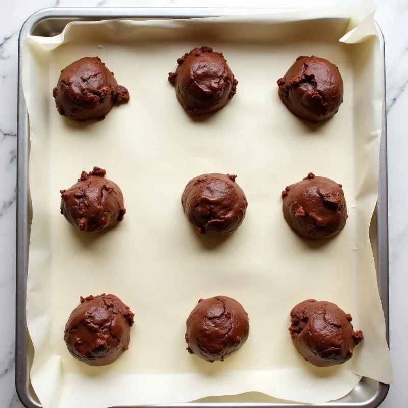 Rounded tablespoons of vegan cookie dough on parchment paper