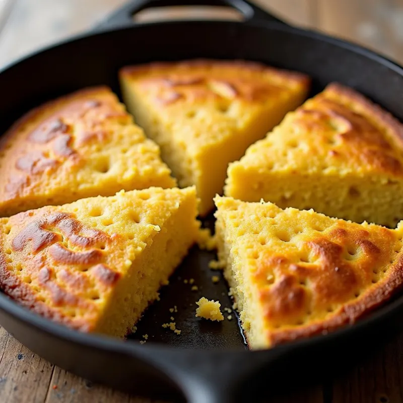 Sliced vegan cornbread in a cast iron skillet.