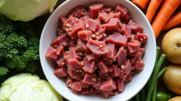 Vibrant vegan corned beef ingredients arranged on a rustic wooden table