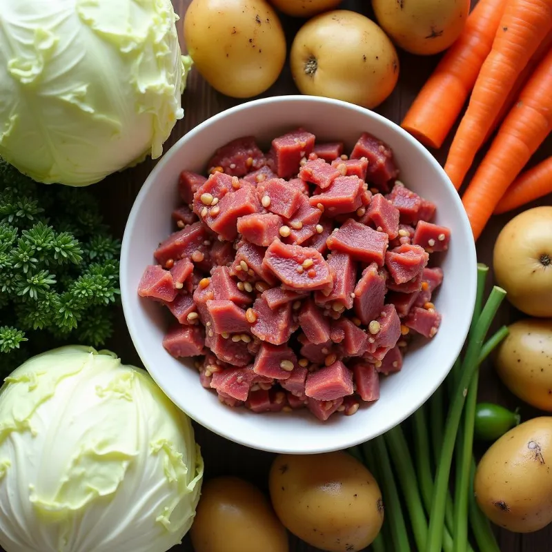 Vibrant vegan corned beef ingredients arranged on a rustic wooden table