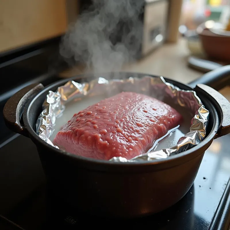  Vegan corned beef simmering in a pot on the stovetop.