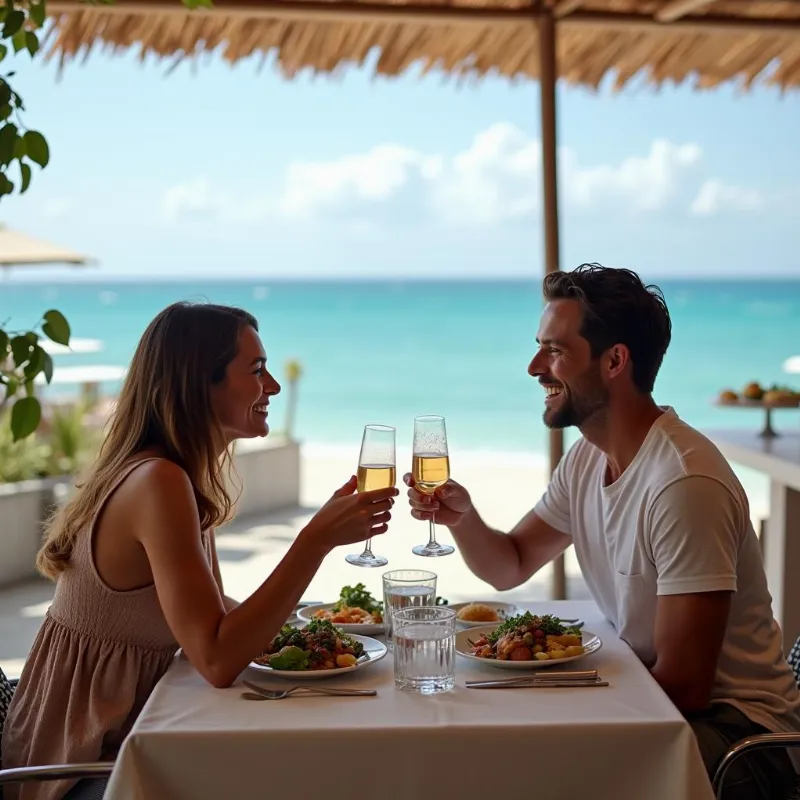 A happy couple enjoying a vegan meal in Cabo San Lucas