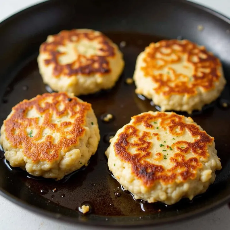 Vegan Crab Cakes Cooking on a Skillet