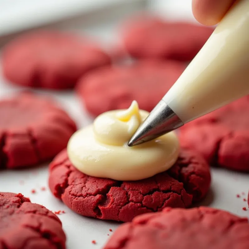 Vegan Cream Cheese Frosting Being Applied to Red Velvet Cookies