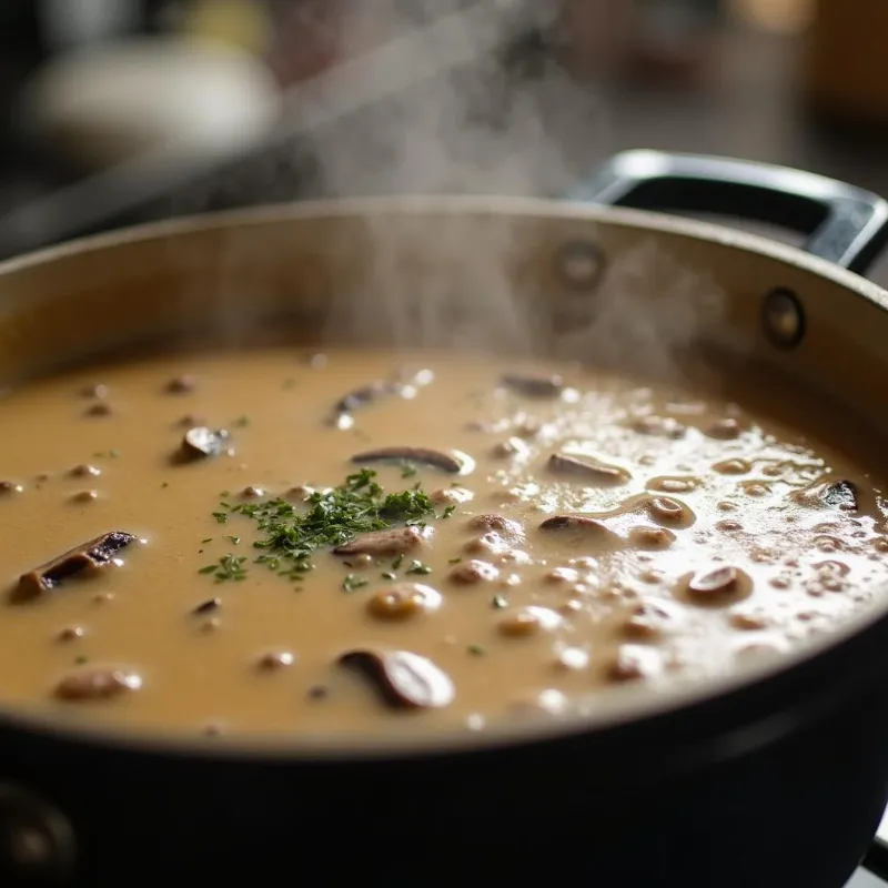 Vegan Cream of Mushroom Soup Cooking on Stovetop