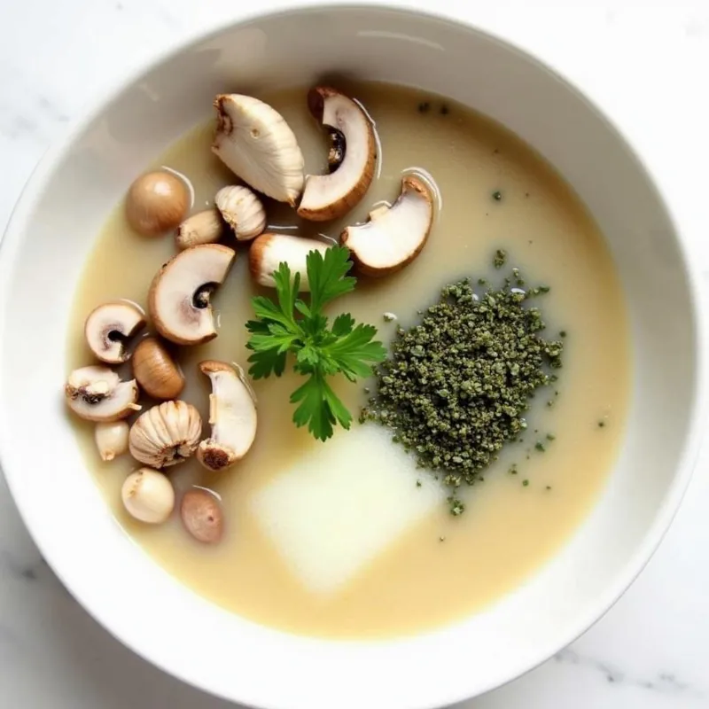 Bowl of ingredients for vegan creamy mushroom soup