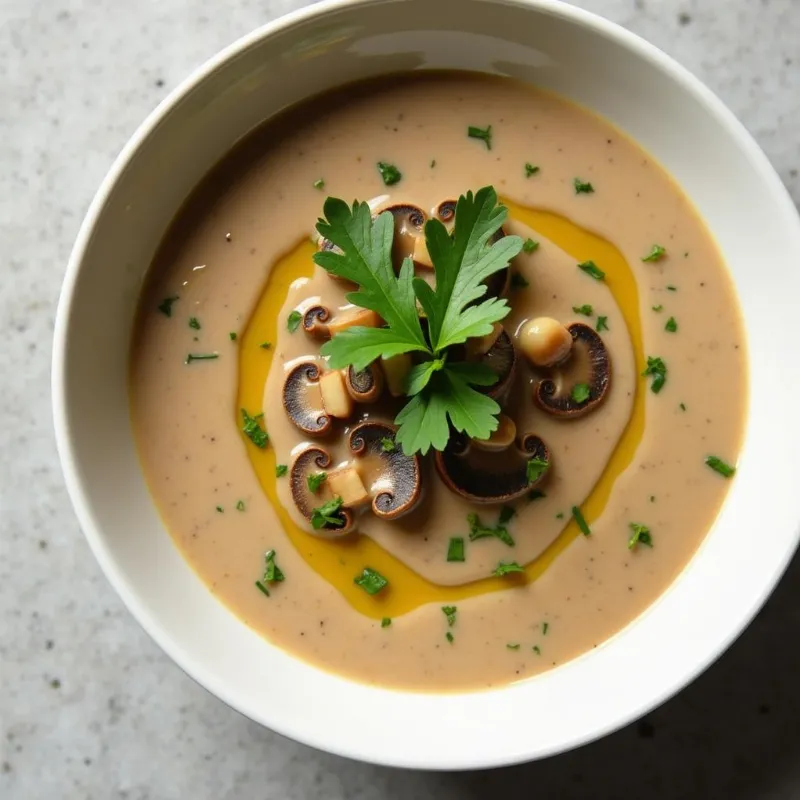 A bowl of vegan creamy mushroom soup, ready to serve